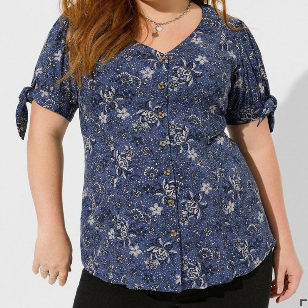 Torrid Floral Rayon Slub Button Up Tie Sleeve Top - image 1